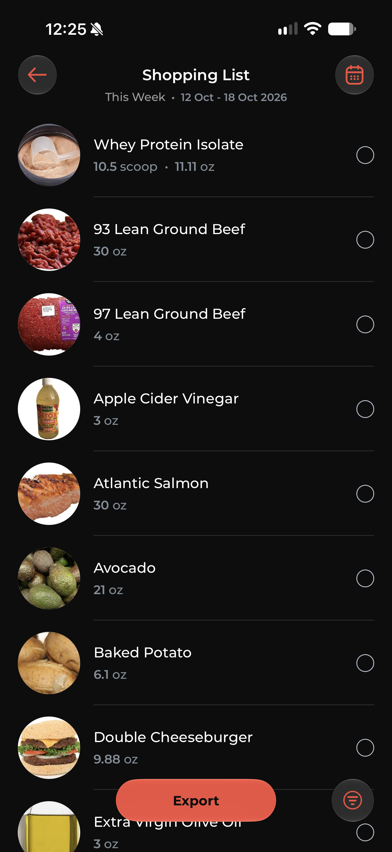 Nutrition shopping list — auto-generated weekly grocery list with exact quantities