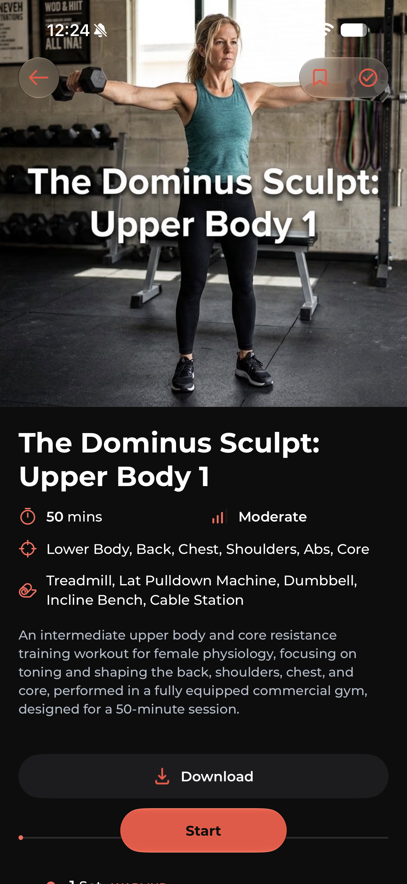 Workout detail view — Upper Body 1 session with exercise metadata and Start button
