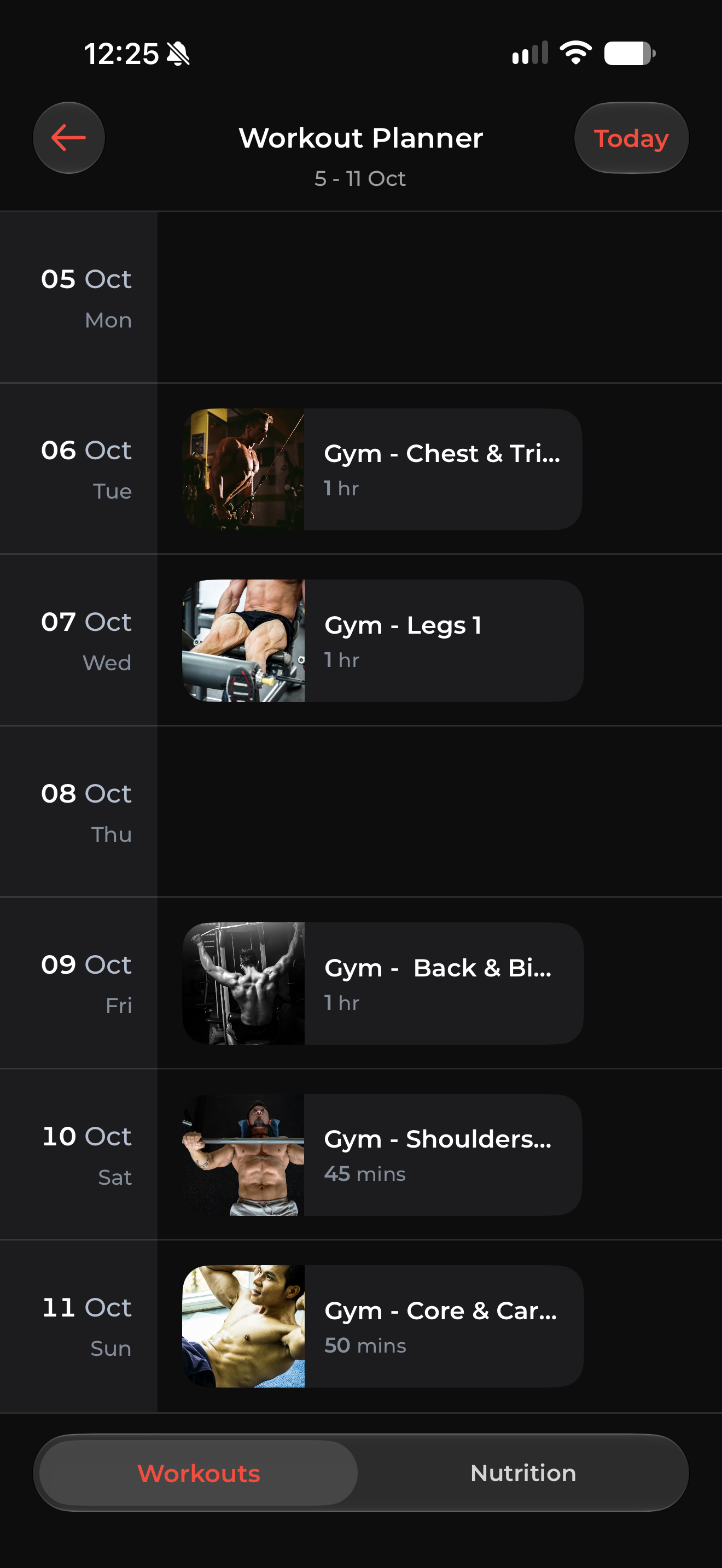 Workout Planner — weekly schedule view showing daily gym sessions